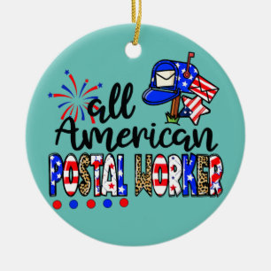 All American Postal Worker Messy Bun USA Flag 4th Ceramic Ornament
