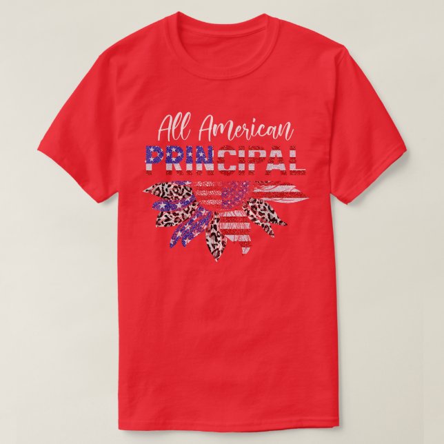 All American Principal Sunflower American Flag 4th T-Shirt (Design Front)