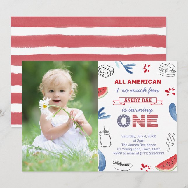 All-American Red White Blue 1st Birthday Party Invitation (Front/Back)