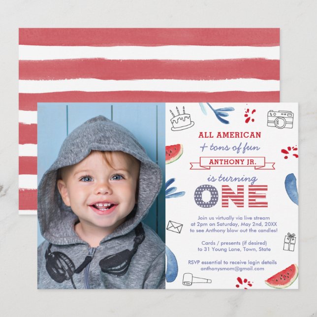 All American Virtual 1st Birthday Party Photo Invitation (Front/Back)