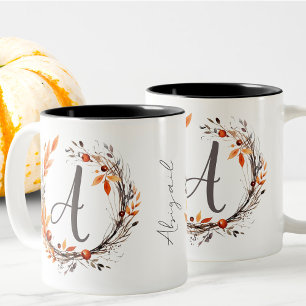 All Any Letter Modern Girly Boho Foliage Monogram Two-Tone Coffee Mug