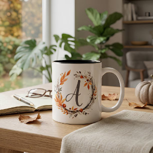 All Any Letter Modern Girly Boho Foliage Monogram Two-Tone Coffee Mug