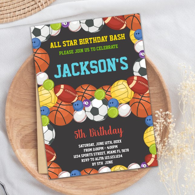 All Balls Black Sports Party Birthday Invitations (All Balls Black Sports Party Birthday Invitations)