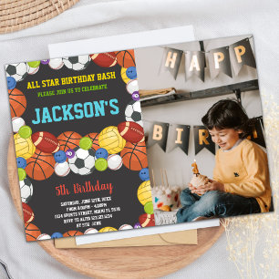All Balls Black Sports Party Birthday with photo Invitation