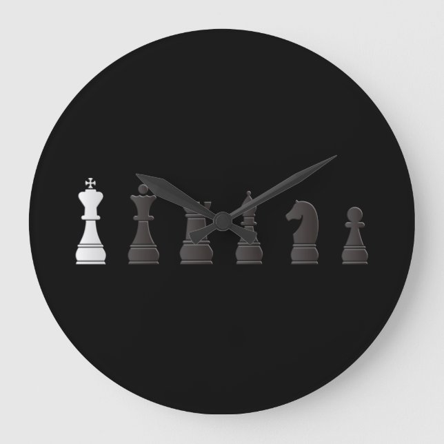 All black one white, chess pieces large clock (Front)