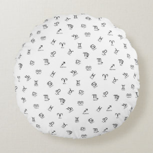All Black Zodiac Signs on White Background Round Cushion