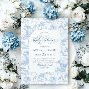 All Blue Toile Safari Animal Baby Boy Shower Invitation