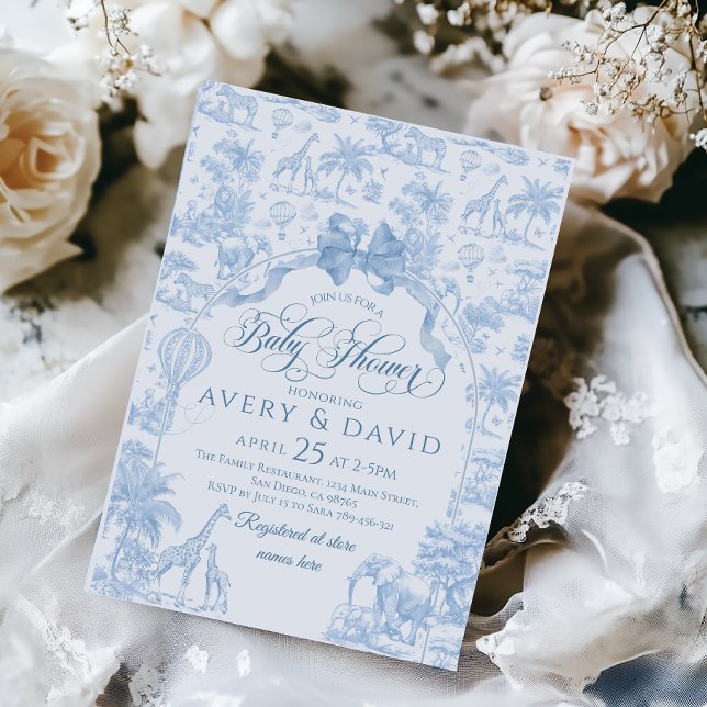 All Blue Toile Safari Animal Baby Boy Shower Invitation (Creator Uploaded)