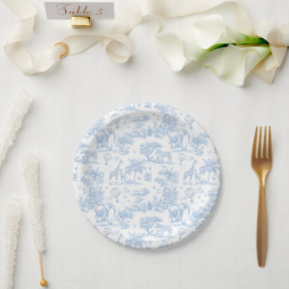 All Blue Toile Safari Animal Baby Boy Shower Paper Plate