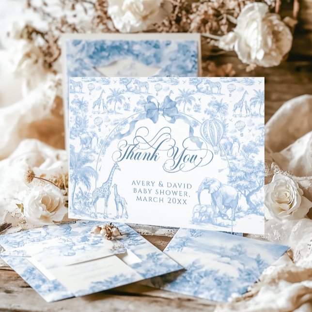 All Blue Toile Safari Animal Baby Boy Shower Thank You Card (Creator Uploaded)