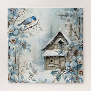 All Blue Winter Scene Bird Old Cabin Blossoms Jigsaw Puzzle