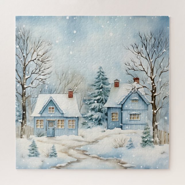 All Blue Winter Scene  Old Cabin Nostalgic Jigsaw Puzzle (Horizontal)