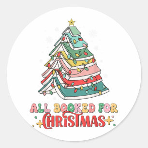 All Booked For Christmas Book Christmas Tree Light Classic Round Sticker