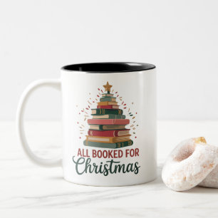 All Booked for Christmas Book Tree Xmas Teacher  Two-Tone Coffee Mug