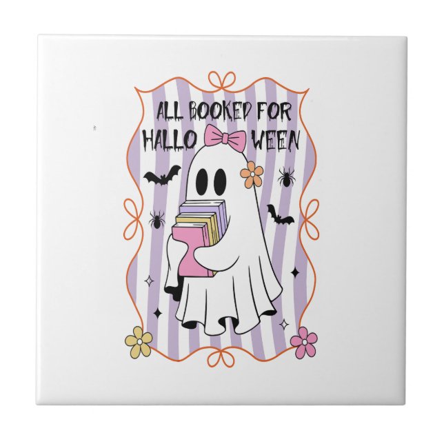 All Booked For Halloween  Teacher Ghost Ceramic Tile (Front)