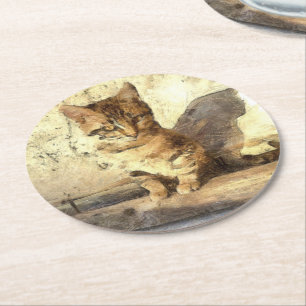 All Cats Are Black In The Dark Pencil Sketch Round Paper Coaster