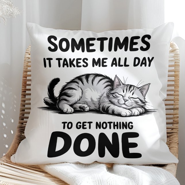 "All Day Doing Nothing" Funny Lazy Cat Cushion ("All Day Doing Nothing" Funny Lazy Cat Throw Pillow in a sunny boho neutral rattan chair)