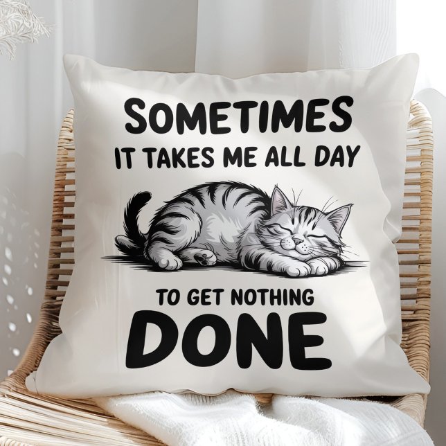 "All Day Doing Nothing" Funny Lazy Cat Cushion ("All Day Doing Nothing" Funny Lazy Cat Throw Pillow in a sunny boho rattan chair.)