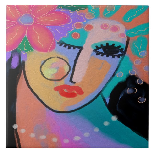 All Dressed Up Abstract Digital Portrait Ceramic Tile (Front)