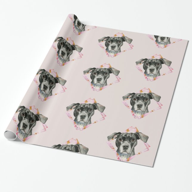 "All Ears" 2 Black Pit Bull Dog Illustration Wrapping Paper (Unrolled)