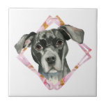 "All Ears" 2 Pit Bull Dog Watercolor Painting Ceramic Tile<br><div class="desc">This is a watercolor painting of a black pit bull dog. She has her head tilted slightly and looking upwards. She has brown eyes. I then added this square frame digitally in faux gold and pink colours.</div>