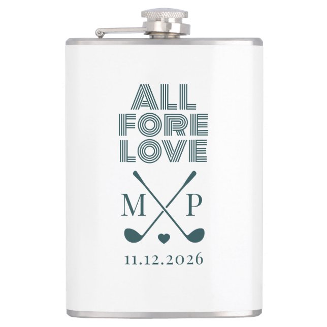 All Fore Love Monogram | Dark Green Modern  Hip Flask (Front)