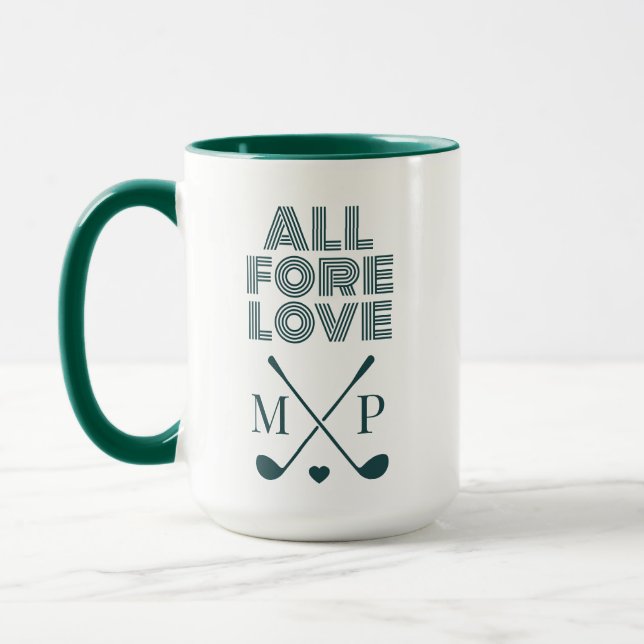 All Fore Love Monogram | Dark Green Modern Mug (Left)