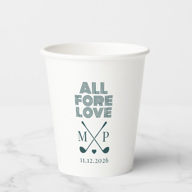 All Fore Love Monogram | Dark Green Modern Paper Cups (Front)