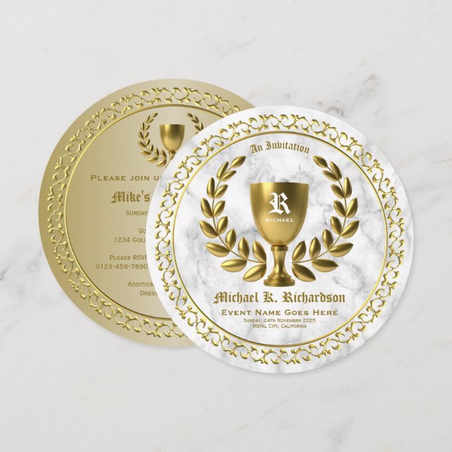 All Gold Award Golden Cup Laurel Wreath Monogram Invitation (Front/Back)