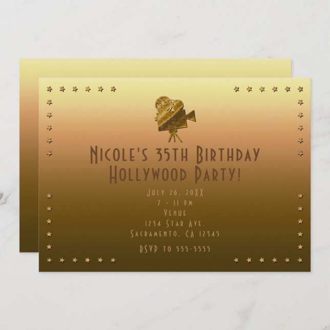 All Gold Cinema & Stars Hollywood Party Invitation (Front/Back)