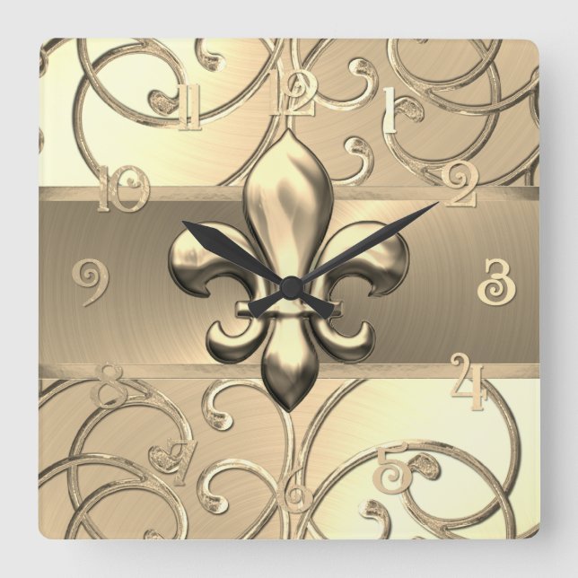 All Gold Filigree Swirls Fleur de Lis Square Wall Clock (Front)