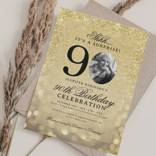 ALL GOLD SURPRISE Photo Glam 90th Birthday Invitation