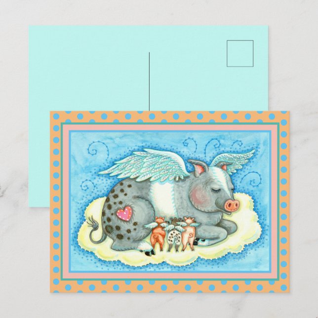 ALL GOOD PIGLETS GO TO HEAVEN, CUTE PIG ANGELS POSTCARD (Front/Back)