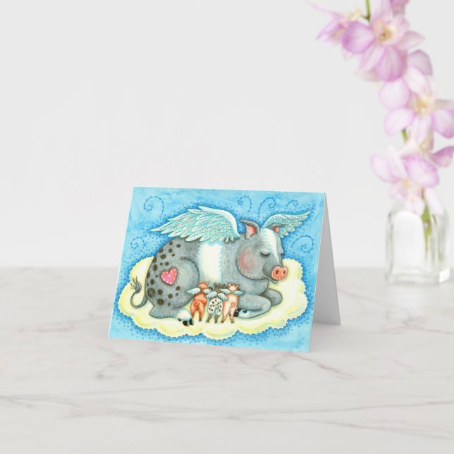 ALL GOOD PIGLETS GO TO HEAVEN, PIG ANGELS Blank Card (Orchid)