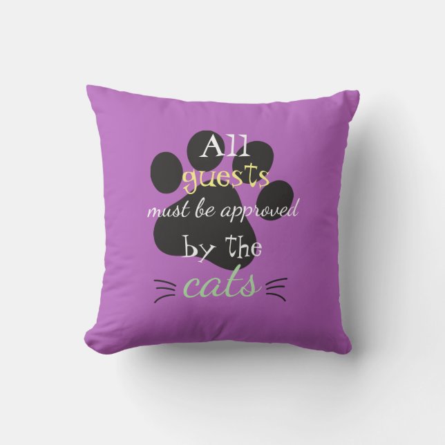 All Guests Must Be Cat Approved | Purple Pawprint Cushion (Front)