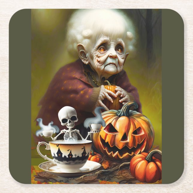 All Hallows Tea Time Square Paper Coaster (Front)