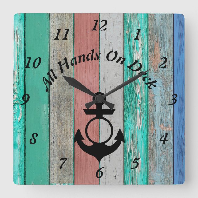 All Hands on Deck – Nautical Wood Plank Square Wall Clock (Front)
