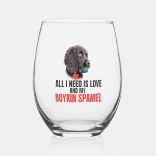 All I Need is Love-Customised Boykin Spaniel Stemless Wine Glass