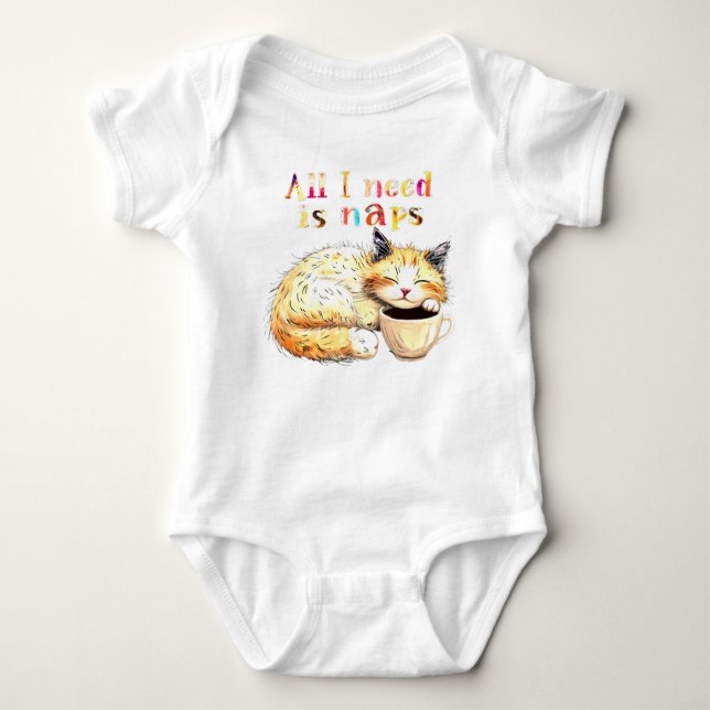 All I Need is Naps: Sleepy Cat Illustration Baby Bodysuit (Front)