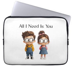 All I need Is You Cute Cartoon Boy & Girl Lookin Laptop Sleeve