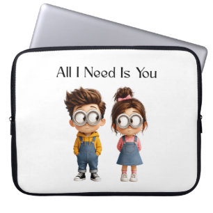 All I need Is You Cute Cartoon Boy & Girl Lookin Laptop Sleeve