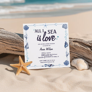 All I Sea Is Love Bridal Shower Watercolor Seashel Invitation