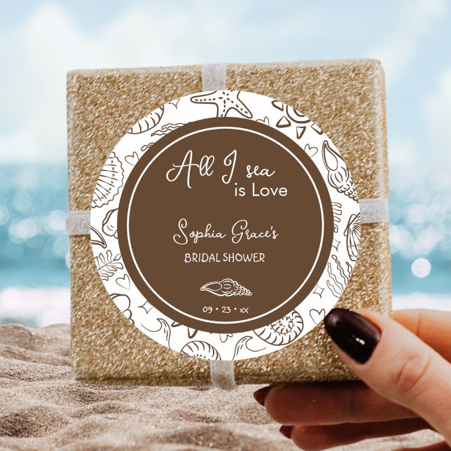 All I Sea is Love Brown Seashells Doodles  Classic Round Sticker (Creator Uploaded)