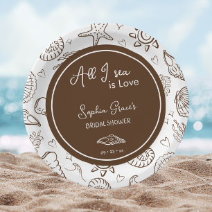 All I Sea is Love Brown Seashells Doodles Paper Plate