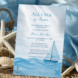 All I Sea Is Love Coastal Blue Sailboat Art Invitation