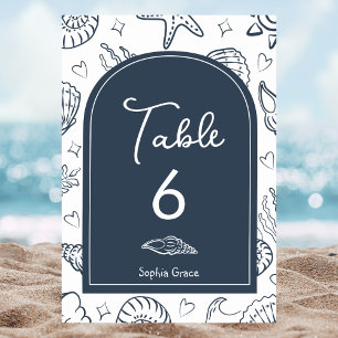 All I Sea is Love Dark Blue Seashells Table Number