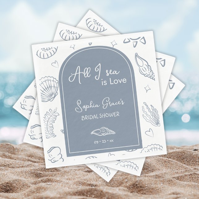 All I Sea is Love Dusty Blue Seashells Doodles  Napkin (Creator Uploaded)