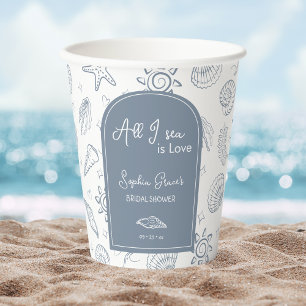 All I Sea is Love Dusty Blue Seashells Doodles  Paper Cups