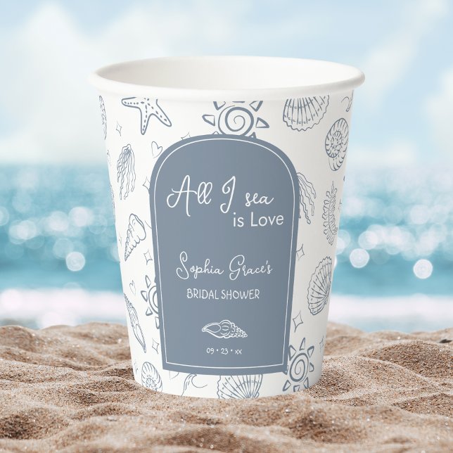 All I Sea is Love Dusty Blue Seashells Doodles  Paper Cups (Creator Uploaded)