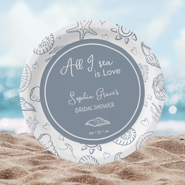 All I Sea is Love Dusty Blue Seashells Doodles  Paper Plate (Creator Uploaded)